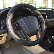 تصویر روکش فرمان پژو پارس مدل بازودار طرح شعله مشکی کرم 