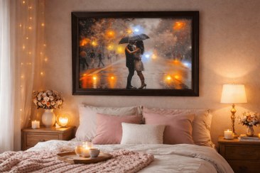 تصویر تابلو چراغدار عاشقانه چتر و خیابان 