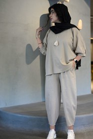 تصویر ست مانتو لنین جلو بسته و شلوار کرم کد (7138) - سایز Linen tunic and pants