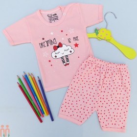 تصویر لباس ست تیشرت شلوارک نخی نوزاد و کودک دخترانه صورتی ابر کوچولو Baby clothes set 