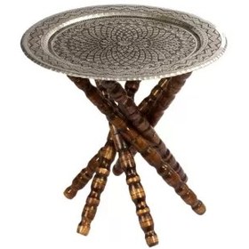 تصویر میز مسی قلمزنی قطر 40 سانتیمتر با پایه چوبی 