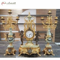 تصویر ست ساعت رومیزی و شمعدان برنزی طرح عقابی به رنگ فورتیک و سنگ سبز کار شده با ضمانت کد 415 