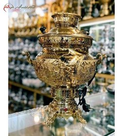 تصویر 8-liter brass electric samovar, code 116, with skillful engraving, coated and 1 year warranty 