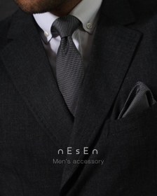 تصویر ست کراوات و دستمال جیب مردانه نسن | طوسی ساده (جودون) S6 
