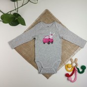 تصویر بادی نوزادی دخترانه آستین بلند برند h and m طرح خرگوش طوسی رنگ | فروشگاه نام نیکو 