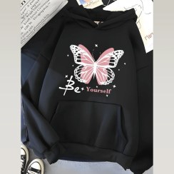 تصویر هودی دخترانه طرح پروانه صورتی 