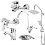 تصویر ست کامل شیرآلات قهرمان ۶ تکه با علم دوش و شلنگ توالت 