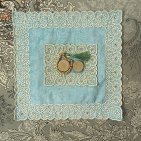 تصویر جانماز مخمل ابی اسمانی طرح شکوه در اندازه35در35سانتیمتر blue prayar mat35*35