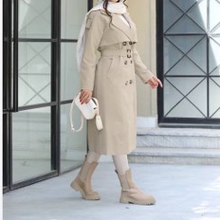 تصویر ترنچ کت زنانه بلند مشکی و کرم جنس سانتانا سایز ۴۲ تا ۵۰ 