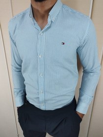 تصویر پیراهن مردانه آستین بلند ساتن کش آبی آسمانی Sky Blue Satin Long Sleeve Men's Shirt