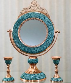 تصویر آینه گرد و شمعدان فیروزه کوب 