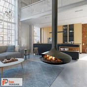 تصویر شومینه معلق مدل عدسی طراحی مدرن با کوره گازی و هیزمی 