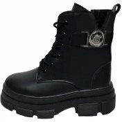 تصویر نیم بوت دخترانه زنانه چرم مشکی مات سگکدار 