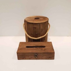 تصویر ست سطل و جادستمال کاغذی چوبی رنگ قهوه ای 