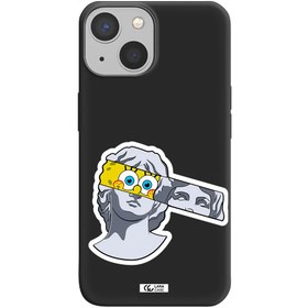 تصویر قاب گوشی مشکی سیلیکونی مناسب برای Apple iPhone 13 mini طرح a cartoon of a statue with a yellow spongebob over its eyes 