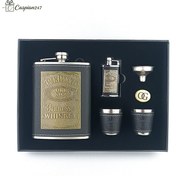 تصویر ست هیپ فلاسک(قمقمه جیبی)2 شات وفندک دار چرم پلاک دار جک دنیلز مشکی 