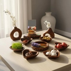 تصویر هفت سین طرح چوب نوروز 1405،پیاله های قلبی،سنگ مصنوعی| دستساز تولیدی کرج لند 