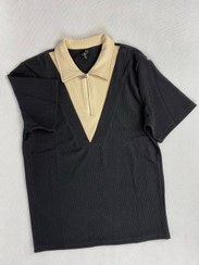 تصویر تیشرت یقه‌دار زیپ‌دار سفید با یقه کرم – استایل رترو | Retro Zipper Polo Shirt – black with Contrast Collar 