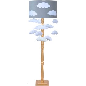 تصویر آباژور سالنی چوبی آوید طلایی با کلاهک ابر طوسی و آویز 