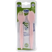 تصویر قاشق و چنگال کودک سیلیکونی صورتی وی کر Wee Care مدل U201 