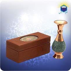 تصویر گلدان مس و فیروزه کوبی آقاجانی طرح صراحی ۱۶ سانتی با جعبه MDF روکش چرم 