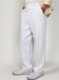 تصویر شلوار کتان ترکیبی سفید چاکدار مردانه برند campus sutra Men's Chalk White Tailored Linen-Blend Trousers