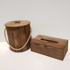 تصویر ست سطل و جادستمال کاغذی چوبی رنگ قهوه ای ظرفیت ۳۰۰ برگ 