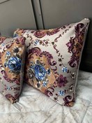 تصویر روبالشی مخمل زرکوب طرح گل رز آبی خاکستری 