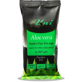 تصویر دستمال مرطوب جیبی یونی لد حاوی عصاره آلوئه ورا 12برگی ا Uni Led Hand And Face Wet Wipes With Aloevera Extract 12pcs Uni Led Hand And Face Wet Wipes With Aloevera Extract 12pcs