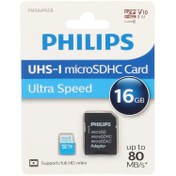 تصویر کارت حافظه microSDHC فیلیپس مدل Ultra Speed کلاس 10 استاندارد UHS-I U1 سرعت 80MBps ظرفیت 16 گیگابایت به همراه آداپتور Philips 16 GB Class 10 Micro SDHC Card with Adapter