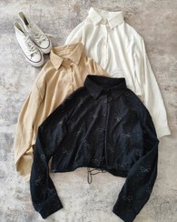 تصویر شومیز کراپ نگین دار وارداتی - سفید نگین پاپیون 