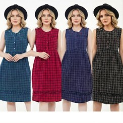 تصویر پیراهن بلند خانگی زنانه نخی آستین حلقه ای قاپکدار چهار خانه 