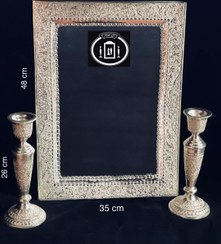 تصویر آینه و شمعدان شبه نقره (آینه طرح نقره چهارگوش و شمعدان تک شاخه طرح نقره) Silverplate mirror and candlestick