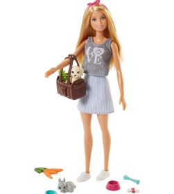 تصویر عروسک باربی با ست بازی شامل توله‌سگ و خرگوش برند barbie Barbie Loves Pets Doll with Puppy & Bunny Playset