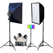 تصویر کیت کامل دو عددی سافت باکس 5 لامپی با نور رنگی RGB بکگراند ، میکروفون بیسیم سکه ای و پایه موبایل T 