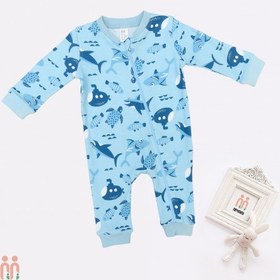 تصویر لباس سرهمی نوزاد و بچه گانه اسپرت نخی آبی دریایی مارک اچ اند ام H&m baby jumpsuits 