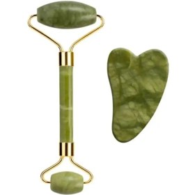 تصویر ابزار ماساژ سنگ طبیعی Jade Stone و Heart Gua Sha Facial Care Stone Face Yoga برند Toptanhane به رنگ سبز در دسته سنک ماساژ صورت 