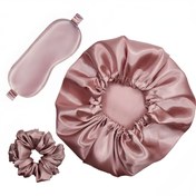 تصویر کلاه خواب ساتن به همراه چشم بند و کش مو - آبی روشن اسکرانچی