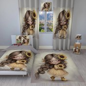 تصویر ست اتاق کودک روتختی پرده و فرشینه طرح عروسکی با گل آفتابگردون کپی 