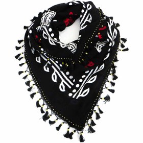 تصویر روسری سنتی کردستان نخی گل قرمز منگوله ی مشکی 1.5 متری 