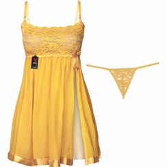 تصویر لباس خواب زنانه شباهنگ مدل New PRINCESS رنگ زرد با حریر تور خارجی 