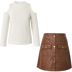 تصویر ست پوشاک دخترانه شومیز شانه باز و دامن چرم رنگ سفید و قهوه ای 