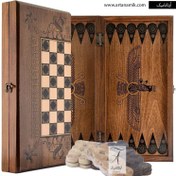 تصویر تخته نرد و شطرنج روکش ملچ طرح فروهر هخامنشی 