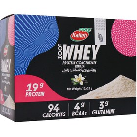 تصویر پروتئین وی کاله طعم وانیلی ساشه ای ۲۵ گرمی ۱۲ عددی 