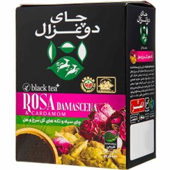 تصویر چای سیاه و تکه های گل محمدی و هل دوغزال ۱۰۰ گرم 