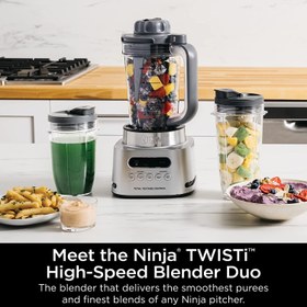 تصویر Ninja SS151 TWISTi Blender DUO، اسموتی ساز پرسرعت 1600 WP و استخراج کننده مواد مغذی* اسموتی 5 کاره، اسپرد و بیشتر، smartTORQUE، 34 اونس. Pitcher &amp; (2) To-Go Cup، خاکستری Ninja SS151 TWISTi Blender DUO, High-Speed 1600 WP Smoothie Maker & Nutrient Extractor* 5 Functions Smoothie, Spreads & More, smartTORQUE, 34-oz. Pitcher & (2) To-Go Cups, Gray