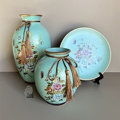 تصویر دکوری تزئینی گلدان و بشقاب ۳ تیکه سفالی رنگ ثابت 