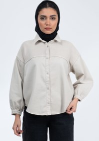 تصویر شومیز کتان حصیری ترکیبی استخوانی 0005976 Bone-colored woven cotton shirt