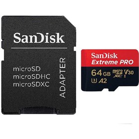 تصویر کارت حافظه microSDXC سن دیسک مدل Extreme PRO کلاس A2 استاندارد UHS-I U3 سرعت 170MBs ظرفیت 64 گیگابایت به همراه آداپتور SD ا Sandisk Extreme Pro IPM UHS-I U3 Class A2 170MBps microSDXC 64GB With SD Adapter Sandisk Extreme Pro IPM UHS-I U3 Class A2 170MBps microSDXC 64GB With SD Adapter