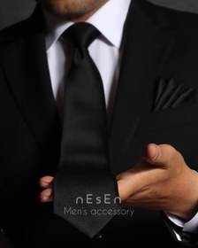 تصویر ست کراوات و دستمال جیب مردانه نسن | مشکی ساده S13 